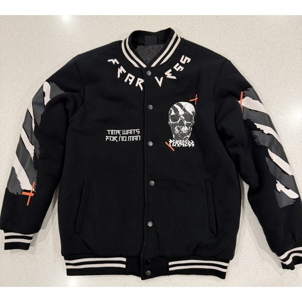 RGSTR Time Waits For No Man Fearless Varsity Skull Jacket Collarless Button Sz L